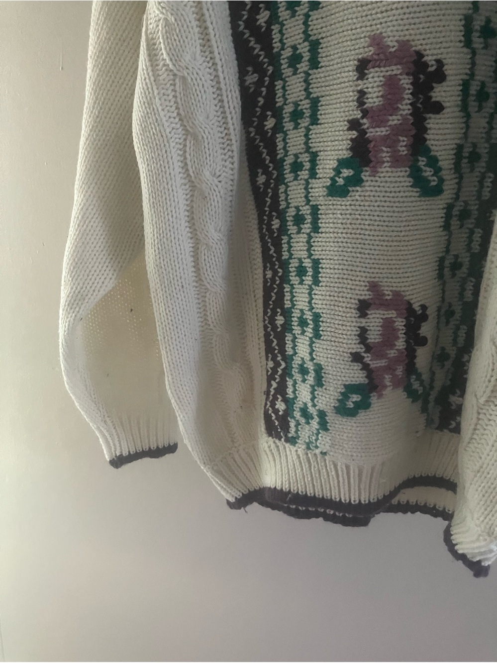 Cream Cable Knit Sweater with Green & Purple Fair Isle Pattern